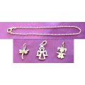 A SOLID SILVER BRACELET CHAIN AND 3 SOLID SILVER CHARMS---NEW