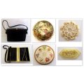 AN UNUSUAL VELVET HANDBAG,BONE BROOCHES AND 2 POWDER COMPACTS FOR DISPLAY--PLEASE READ