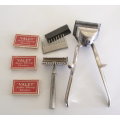 AN AUTO  STROP SAFETY RAZOR WITH BLADES AND A HAIR CUTTER