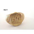 A TRENCH ART RING WW1 ?? BOER WAR ??  WITH A BATAVIAN TYPE SHIP ENGRAVING