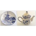A HAND PAINTED DUTCH TEAPOT AND A DUTCH WALL PLATE--READY TO HANG