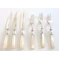 A SET OF SIX MOTHER OF PEARL KNIVES AND FORKS (EPNS)WITH HALLMARKED SILVER COLLARS