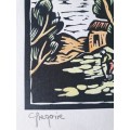 Gregoire Boonzaier, House Amongst Bluegum Trees, Coloured Linocut