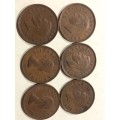 1949 to 1954 Union of SA 1 Penny coins: 6 coins in good condition
