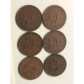 1949 to 1954 Union of SA 1 Penny coins: 6 coins in good condition