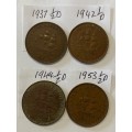 4 GREAT 1/2D COINS OF THE UNION OF SA IN  GOOD CONDITION: 1937 ONE VERY SCARCE