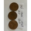 3 UNION OF SA 1/4 D COINS IN GOOD CONDITION: 1943,1944&1947