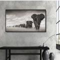 Black & White Wall Art on Canvas Frame - Herd Of Elephants Art Work (50X100cm)