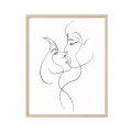 A2-Size Minimalist Couple One Line Drawing Wall Art Decor with Light Brown Wooden Frame
