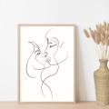 A2-Size Minimalist Couple One Line Drawing Wall Art Decor with Light Brown Wooden Frame