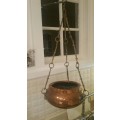 A Vintage Copper and Brass Hanging Plant Holder: Monkey Face Brass Detail