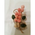 Fab Vintage Brooch Gold Tone with Pink Flowers and Greaan leaves