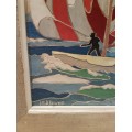 Stunning Art Work: Lino Cutout Detail Mixed Media of Sail Boats I M Browne