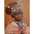 Mizram Maseko SA(1927-1994) Hand Tooled Leather Painting "Zulu Woman" Cele Clan Near Nongoma