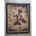 Mizraem Meseko(1927-1994)Oil on Hand tooled Leather Panel Charging Zulu Warrior
