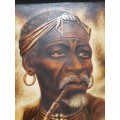 Mizraem Meseko(1927-1994)Oil on Hand tooled Leather Panel Man Smoking a Pipe