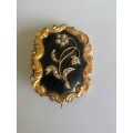 9ct Gold and Onyx Brooch with Seed Pearl and Diamond Chip Mouring Locket