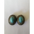 Vintage Metal and Blue Art Glass Clip on Earrings