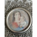 Austrian Silver Frame Pendant With Portrait of Madonna and Child Circa 1840