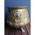 Striking English Brass Jardiniere With Embossed Detail And Robust Lion Ring Handles