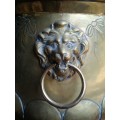 Striking English Brass Jardiniere With Embossed Detail And Robust Lion Ring Handles