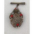 Stunning! Chatelaine Scent Bottle Silver tone metal work and Coral Cabachons