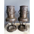 An Outstanding Pair of Japanese Meiji Period Bronze Vases on Stands