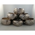 A Set of 6 20th C Siamese Hand Hammered and Embossed Silver Bowls 440grams