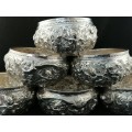 A Set of 6 20th C Siamese Hand Hammered and Embossed Silver Bowls 440grams