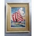 Stunning Art Work: Lino Cutout Detail Mixed Media of Sail Boats I M Browne