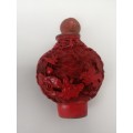 FINELY CARVED OLD CHINESE RED CINNABAR SNUFF/PERFUME BOTTLE SIGNED
