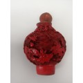 FINELY CARVED OLD CHINESE RED CINNABAR SNUFF/PERFUME BOTTLE SIGNED