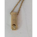 A  BEAUTIFUL SMALL  GOLD PLATED BAR PENDANT WITH A CZ ON A MARKED CHAIN ,