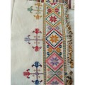TWO VINTAGE 100% COTTON HAND TOWELS ONE MARKED MADE IN CYPRUS AND ANOTHER COLOURFUL RUNNER