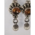 PRETTY  STERLING SILVER , AMBER AND PEARL  DROP EARRINGS