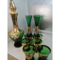 VINTAGE MURANO EMERALD GREEN  CLEAR GLASS DECANGTER SET WITH TWO VASES ACCENTED WITH 24K GOLD LEAF