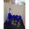 ABSOLUTLEY STUNNING HAND CUT GLASS BELGIUM SIVER COLLARED COBALT BLUE AND CLEAR GLASS DECANTER SET