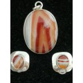 WOW!! STUNNING ERICH FREY CABOCHON AGATE PENDANT AND EARRINGS, SET IN STERLING SILVER