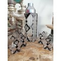 RARE CZECH GEOMETRICAL. CLEAR & ETCHED GLASS WITH BLACK ENAMEL COCKTAIL SHAKER WITH 6 GLASSES C1930