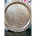 A BEAUTIFUL ARABIC BRASS TRAY WITH RELIEF WORK IN COPPER AND SILVER