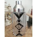 RARE CZECH GEOMETRICAL. CLEAR & ETCHED GLASS WITH BLACK ENAMEL COCKTAIL SHAKER WITH 6 GLASSES C1930
