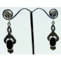 925 STERLING SILVER MARQUISITE AND ONYX DROP EARRINGS