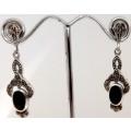 925 STERLING SILVER MARQUISITE AND ONYX DROP EARRINGS