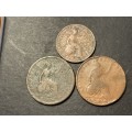 Set of 3 old British copper coins