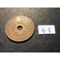 1943 Holed Rhodesian 1 penny coin - King George VI