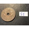 1955 Holed Rhodesia and Nyasaland 1 penny coin - Queen Elizabeth II