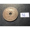 1956 Holed Rhodesia and Nyasaland 1 penny coin - Queen Elizabeth II