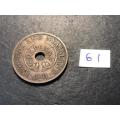 1961 Holed Rhodesia and Nyasaland 1 penny coin - Queen Elizabeth II