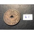 1961 Holed Rhodesia and Nyasaland 1 penny coin - Queen Elizabeth II
