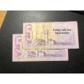 Set of 2 1990 CL Stals First issue R5 banknotes